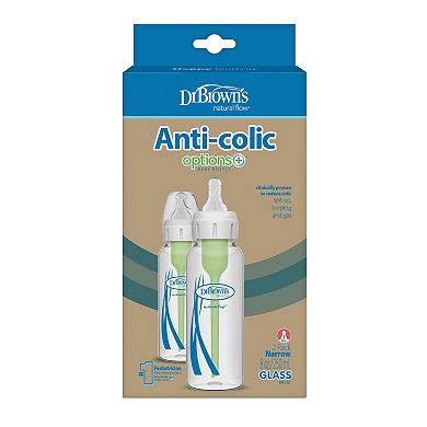 Dr. Brown's Natural Flow Anti-Colic Options+ 2-Pack 8-oz. Narrow Glass Newborn Baby Bottles