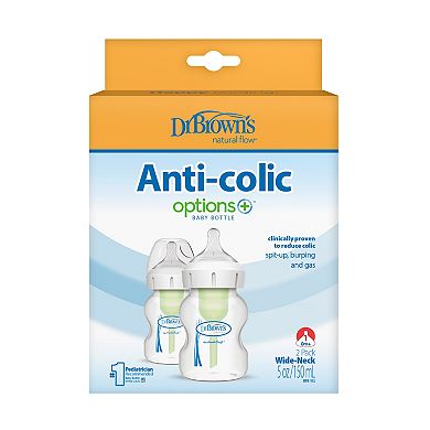 Dr. Brown's Natural Flow® Anti-Colic Options+™ 2 Pack Wide-Neck 5oz Baby Bottle with Level 1 Nipple