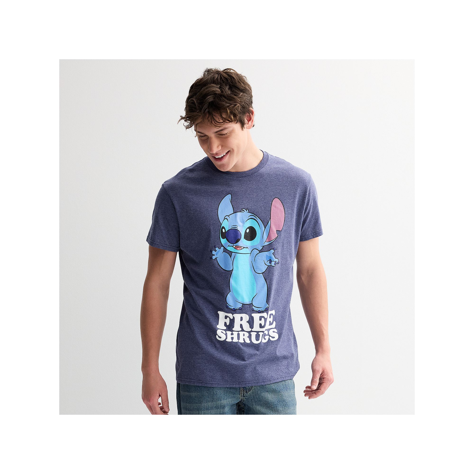 Disneys Lilo & Stitch Mens Free Shrugs Graphic Tee, Size: Small, Navy Gre