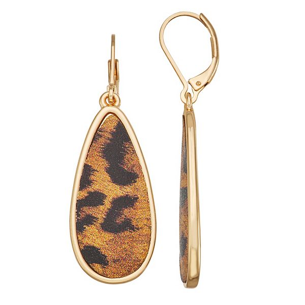 Nine West Gold Tone Large Cheetah Print Teardrop Earrings - Brown