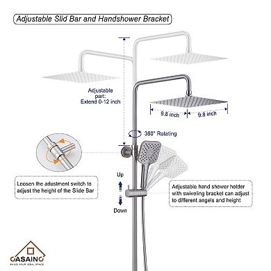 Casainc 9.8" Shower Faucet Dual Head Rainfall Shower Combo Thermostatic System