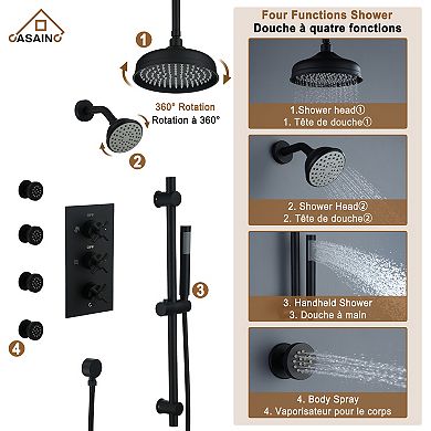 Casainc Shower System Dual Head Waterfall Shower Faucet Bar System W/4 Function