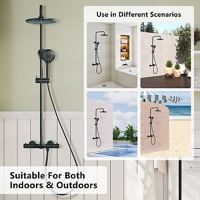 Casainc Thermostatic Round Shower Faucet Dual Head Waterfall Shower Bar System