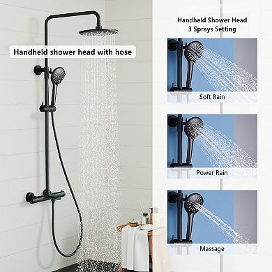 Casainc Thermostatic Round Shower Faucet Dual Head Waterfall Shower Bar System