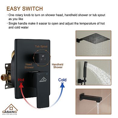 12" Wall Mounted Shower System With Bathtub Faucet And Hand Shower