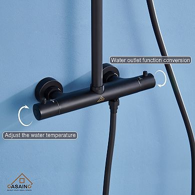 Casainc 9inch Thermostatic Round Shower Head 2 In 1 Waterfall Shower System