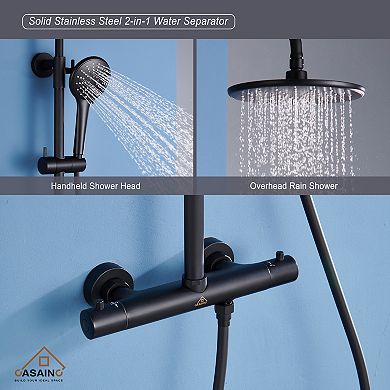 Casainc 9inch Thermostatic Round Shower Head 2 In 1 Waterfall Shower System