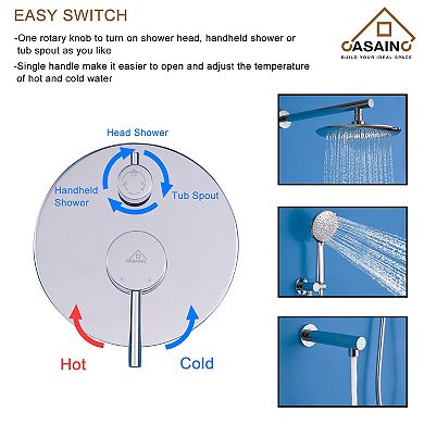 Casainc 9.5inch Round Wall-mounted Shower Faucet System With 2 Function