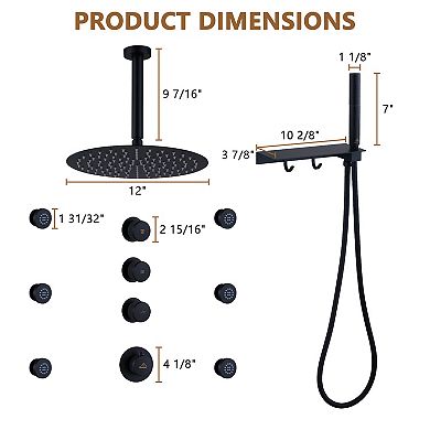 12" Luxury Shower System With Shelf, Handheld Shower With Spray Gun And 6 Jets
