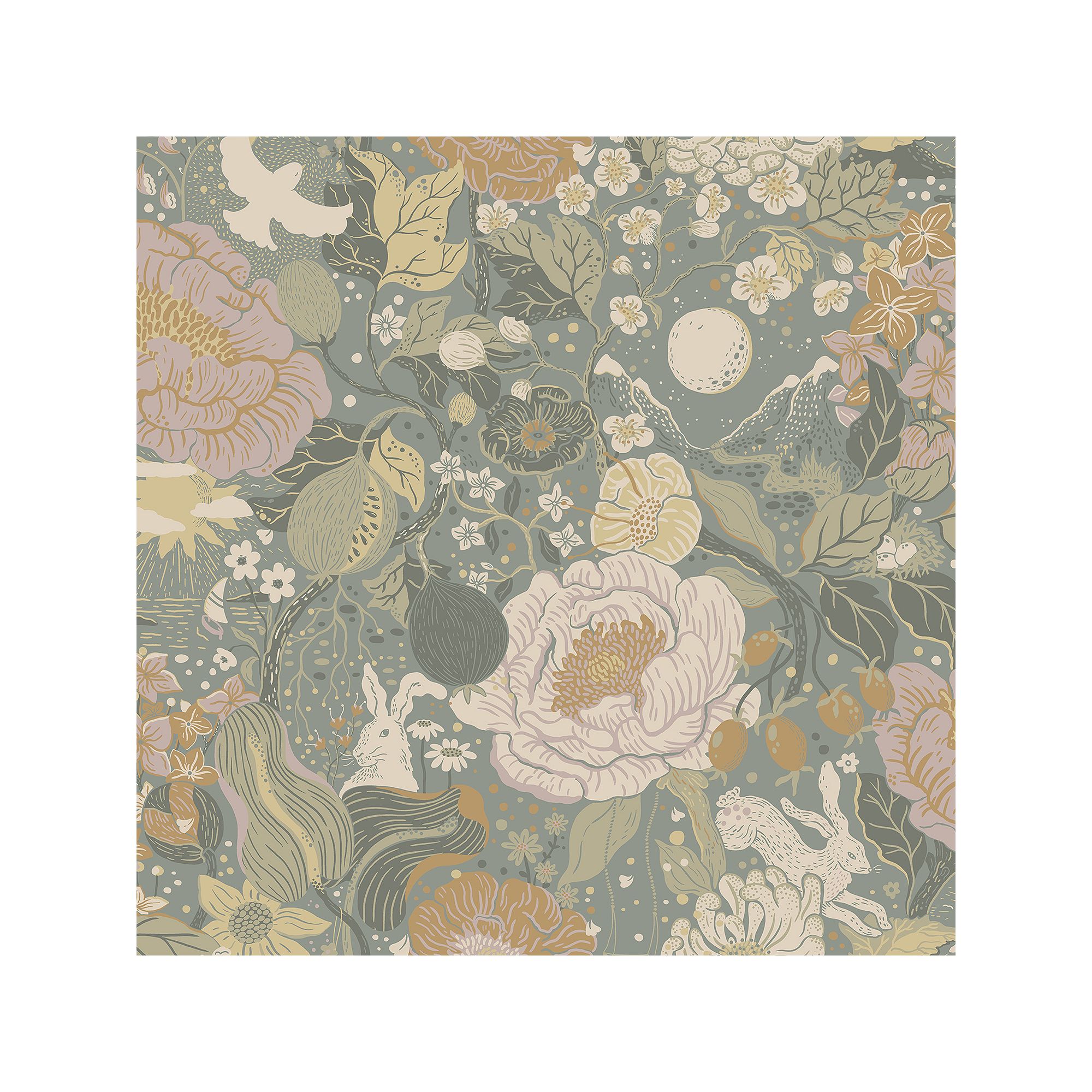 Brewster Home Fashions Växa Slate Rabbits & Rosehips Wallpaper, Blue