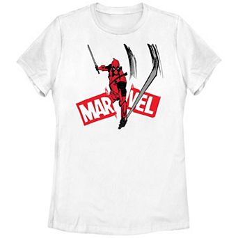 Juniors' Marvel Deadpool and Wolverine Logo Slash Graphic Tee