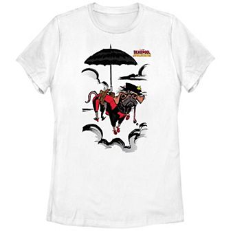 Juniors' Marvel Deadpool and Wolverine Dogpool Mary Poppins Clouds Graphic Tee