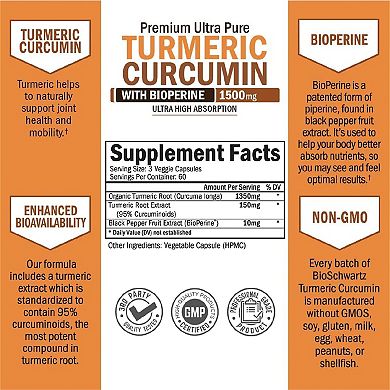 Turmeric Curcumin With Bioperine 1500mg - Natural Joint Support - Non Gmo - Gluten Free 90 count