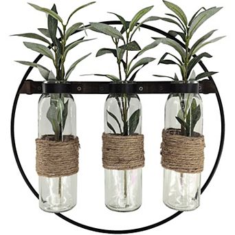 Metal Loop Triple Vase Wall Decor with Artificial Olive Leaves