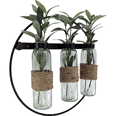 Metal Loop Triple Vase Wall Decor with Artificial Olive Leaves