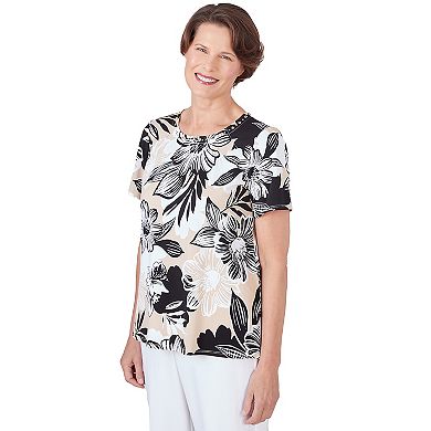 Women's Alfred Dunner Pleated Neck Bold Floral Short Sleeve Tee