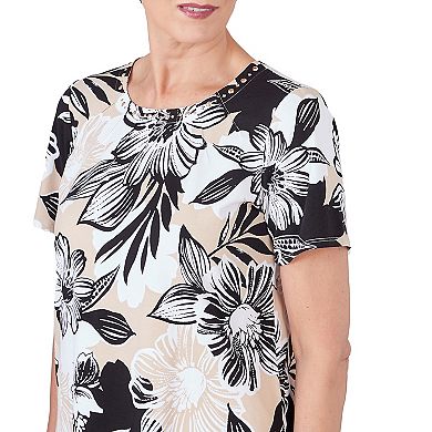 Women's Alfred Dunner Pleated Neck Bold Floral Short Sleeve Tee