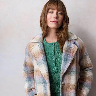 Petite LC Lauren Conrad Long Plaid Overcoat