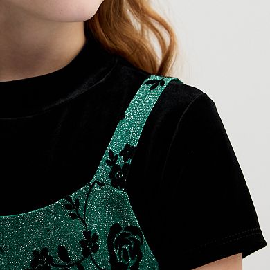 Girls 7-20 Knit Works 3 Pc Fit & Flare Dress, Short Sleeve Tee and Bow in Regular & Plus Size