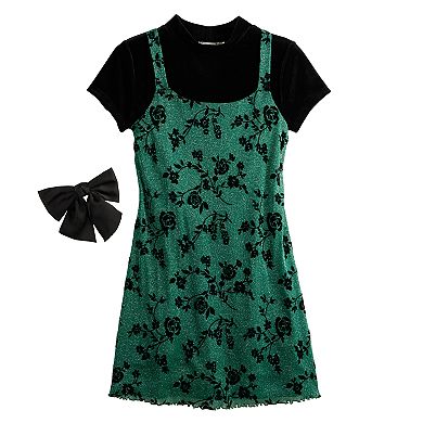 Girls 7-20 Knit Works 3 Pc Fit & Flare Dress, Short Sleeve Tee and Bow in Regular & Plus Size