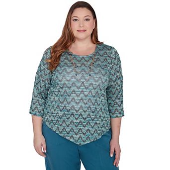 Plus Size Alfred Dunner Zig-Zag Space Dye Long Sleeve Top with Necklace