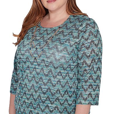 Plus Size Alfred Dunner Zig-Zag Space Dye Long Sleeve Top with Necklace