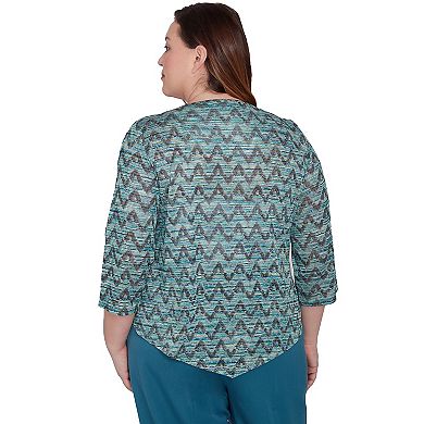 Plus Size Alfred Dunner Zig-Zag Space Dye Long Sleeve Top with Necklace
