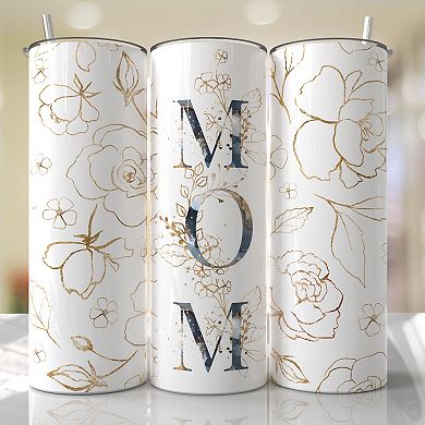 20oz Gold And Blue Floral Mom Tumbler