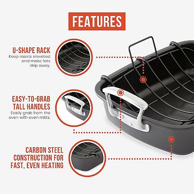 Chef Pomodoro Deluxe Large Carbon Steel Roasting Pan With U-rack, 18.5 X 14.5-inch, Extra-large