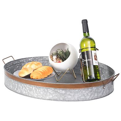 Galvanized Metal Oval Rustic Serving Tray With Handles