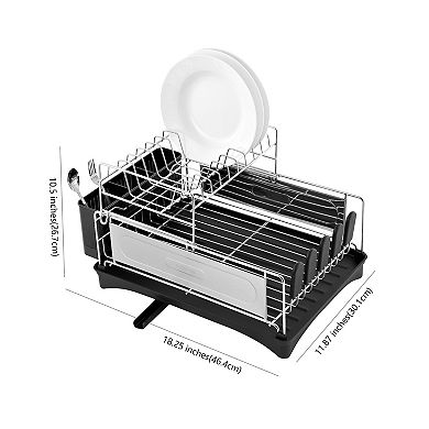 Compact 2-tier Fingerprint-proof Stainless Steel Dish Drying Rack With Swivel Spout Tray