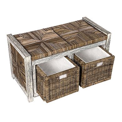 Rustic 2 Drawer Wicker Storage Bench