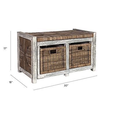 Rustic 2 Drawer Wicker Storage Bench