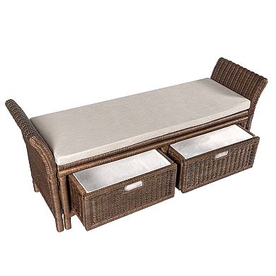 Tropic 2 Drawer Wicker Storage Bench Wih Linen Cushion