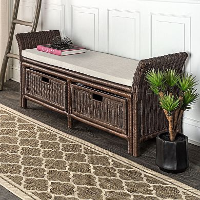 Tropic 2 Drawer Wicker Storage Bench Wih Linen Cushion