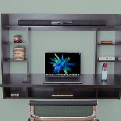 Wall Mount Floating Computer Desk - Space-Saving Writing Table with Shelves for Home Office, White