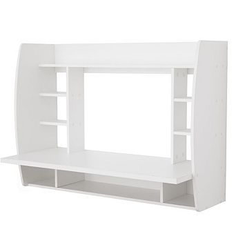 Wall Mount Floating Computer Desk - Space-Saving Writing Table with Shelves for Home Office, White