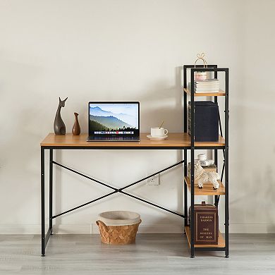 Wood And Metal Industrial Home Office Computer Desk With Bookshelves