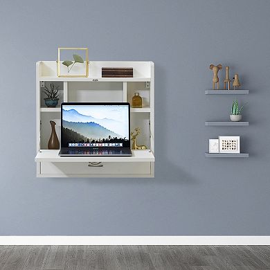 Wall Mount Folding Laptop Writing Computer Or Makeup Desk With Storage Shelves And Drawer