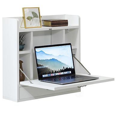 Wall Mount Folding Laptop Writing Computer Or Makeup Desk With Storage Shelves And Drawer