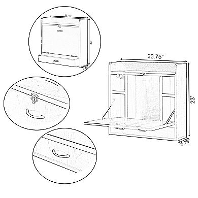 Wall Mount Folding Laptop Writing Computer Or Makeup Desk With Storage Shelves And Drawer