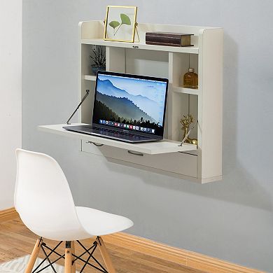 Wall Mount Folding Laptop Writing Computer Or Makeup Desk With Storage Shelves And Drawer