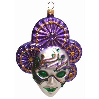 Pinnacle Peak Trading Green And Purple Venetian Mask Polish Blown Glass Christmas Ornament