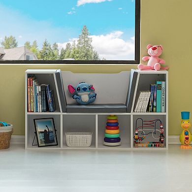 Modern Multi-purpose Bookshelf With Storage Space And Gray Cushioned Reading Nook