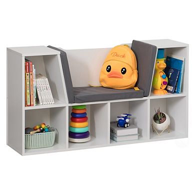 Modern Multi-purpose Bookshelf With Storage Space And Gray Cushioned Reading Nook