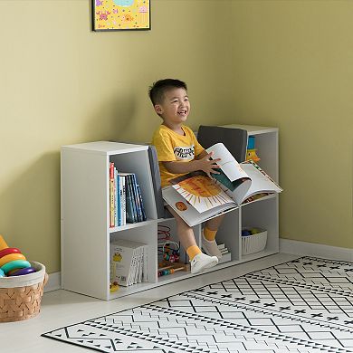 Modern Multi-purpose Bookshelf With Storage Space And Gray Cushioned Reading Nook