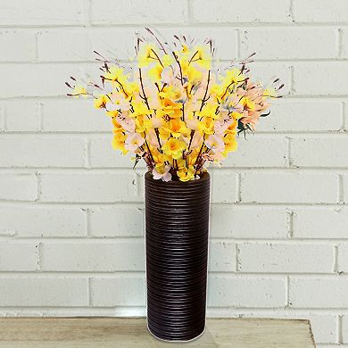 Decorative Contemporary Mango Wood Ribbed Design Cylinder Shaped Table Vase