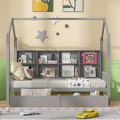 Merax Wooden Twin Size House Bed with 2 Drawers,Kids Bed with Storage Shelf