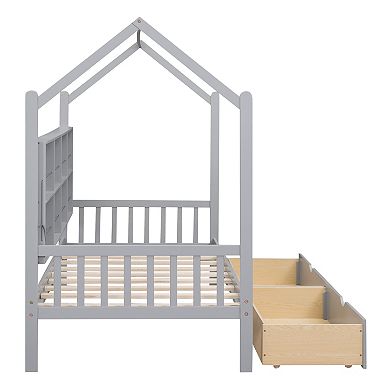 Merax Wooden Twin Size House Bed with 2 Drawers,Kids Bed with Storage Shelf