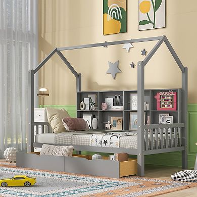 Merax Wooden Twin Size House Bed with 2 Drawers,Kids Bed with Storage Shelf